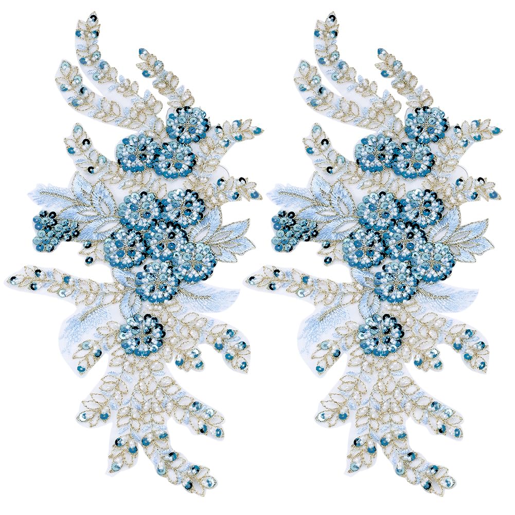 GORGECRAFT 2Pcs Blue Floral Sew On Appliques with Sequins 3D Lace Flowers Applique Decorative Embroidery Flowers Patches for Wedding Bridal Dress Sewing Craft Diy Clothes Collar Bag Jeans Hat