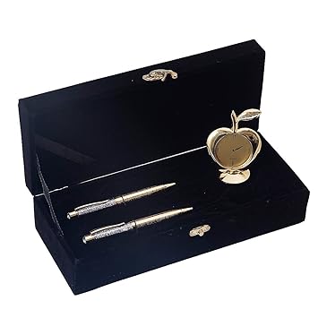 Jewel Fuel German Silver 2 Gold Plated Pen and Gold Plated Apple Table Clock Gift Set