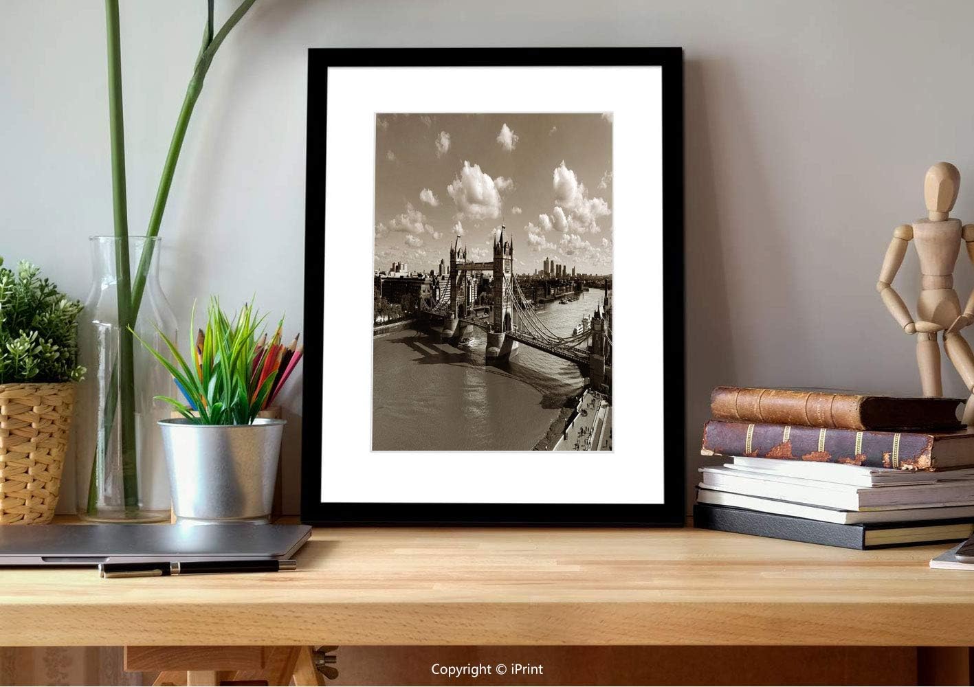 AmaUncle №23479 Wall Art with Black Frame,Travel, Tower Bridge in London City Cloudy Sky Old Historic Cityscape Nostalgia England, White Sepia, for Home Decoration