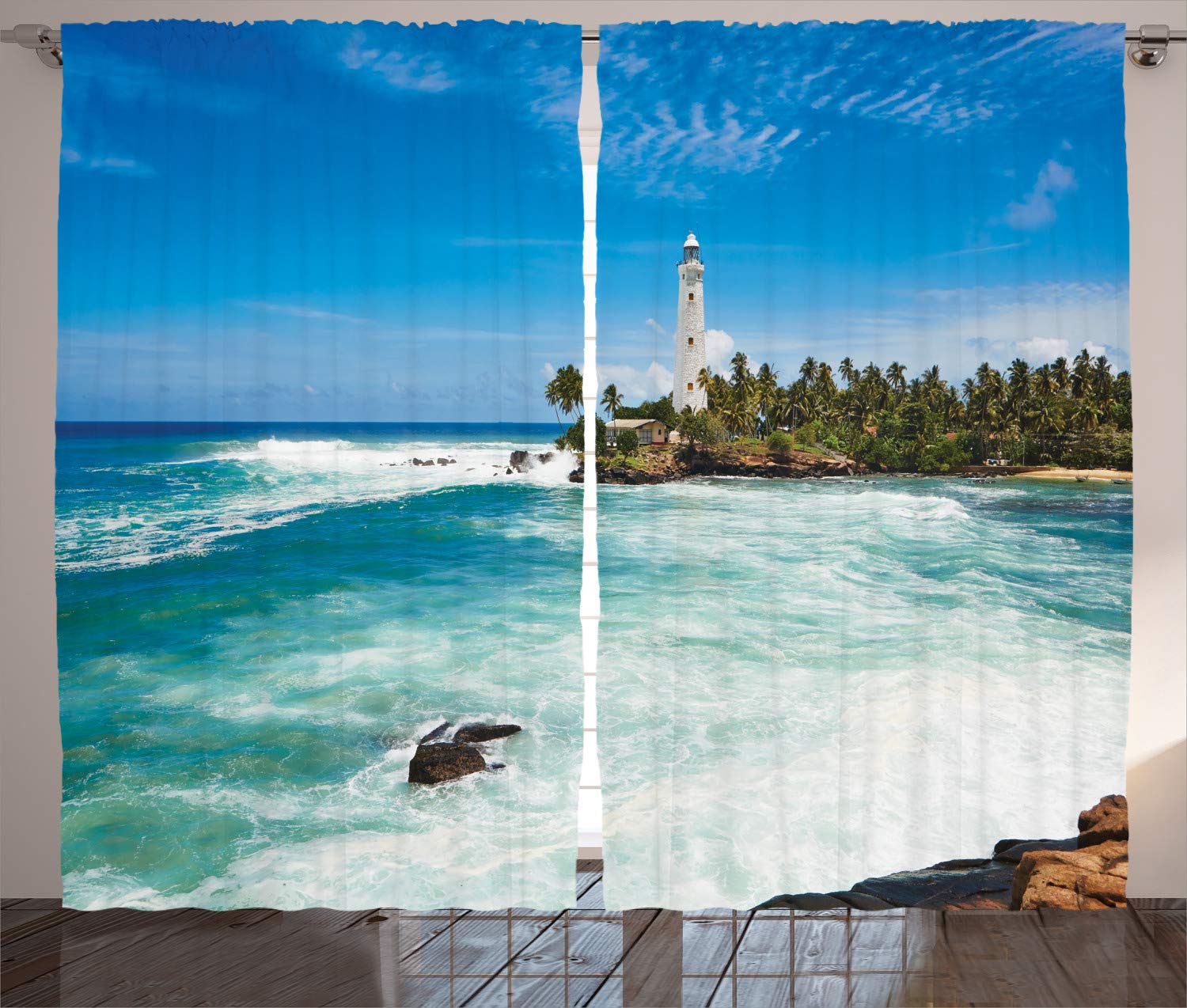 ABAKUHAUS Lighthouse Curtains, Tropical Island Lighthouse with Palm Trees Rocks Wavy Seaside Beach Ocean, Living Room Bedroom Window Drapes 2 Panel Set, 102 L X 110 W, Blue White Green