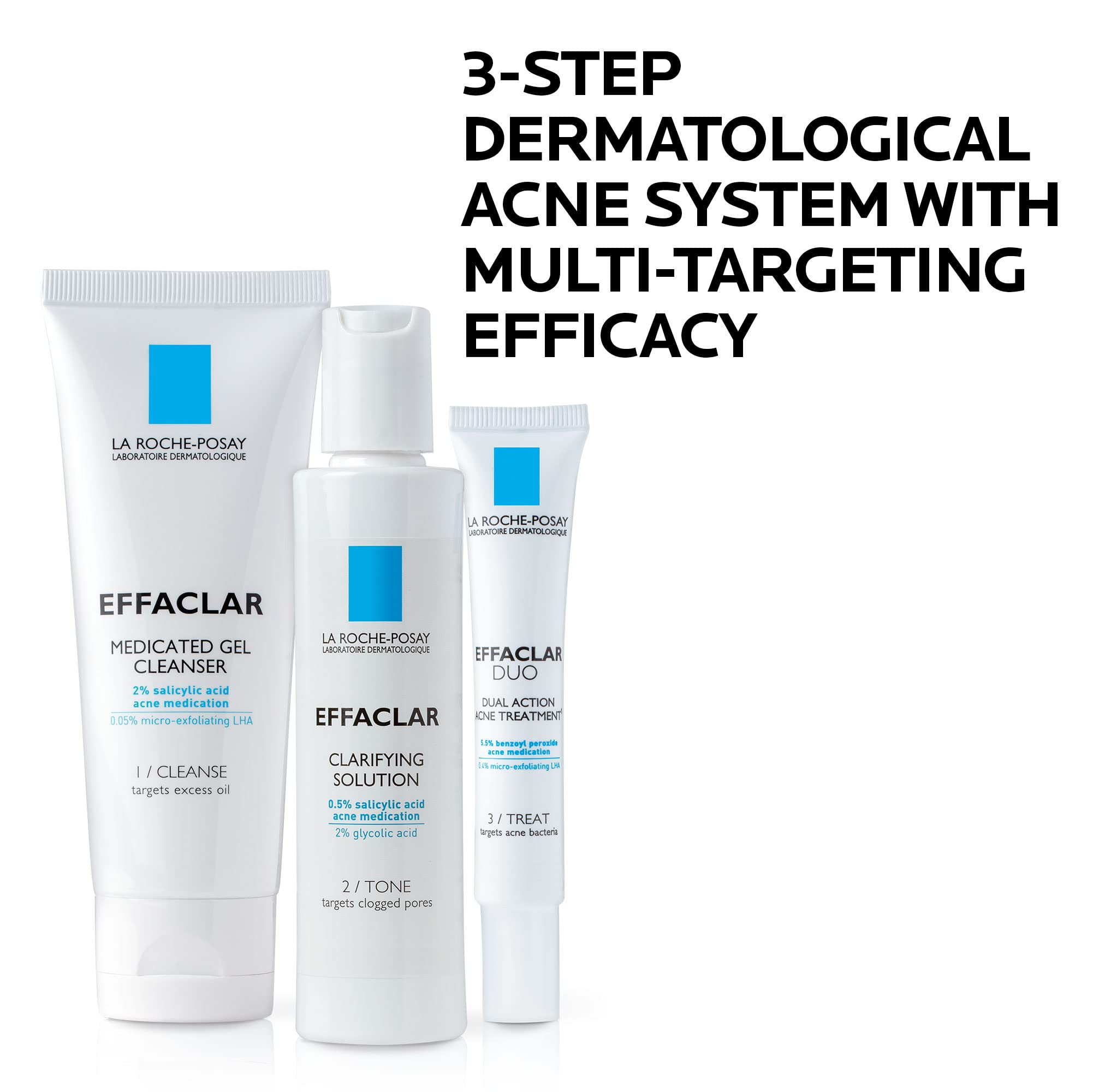 La Roche-Posay Effaclar Dermatological 3 Step Acne Treatment System, Salicylic Acid Acne Cleanser, Pore Refining Toner, and Benzoyl Peroxide Spot Treatment for Sensitive Skin