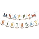 Sursurprise Retro Train Happy Birthday Banner, Railroad Steam Modern Train Birthday Decorations Party Supplies