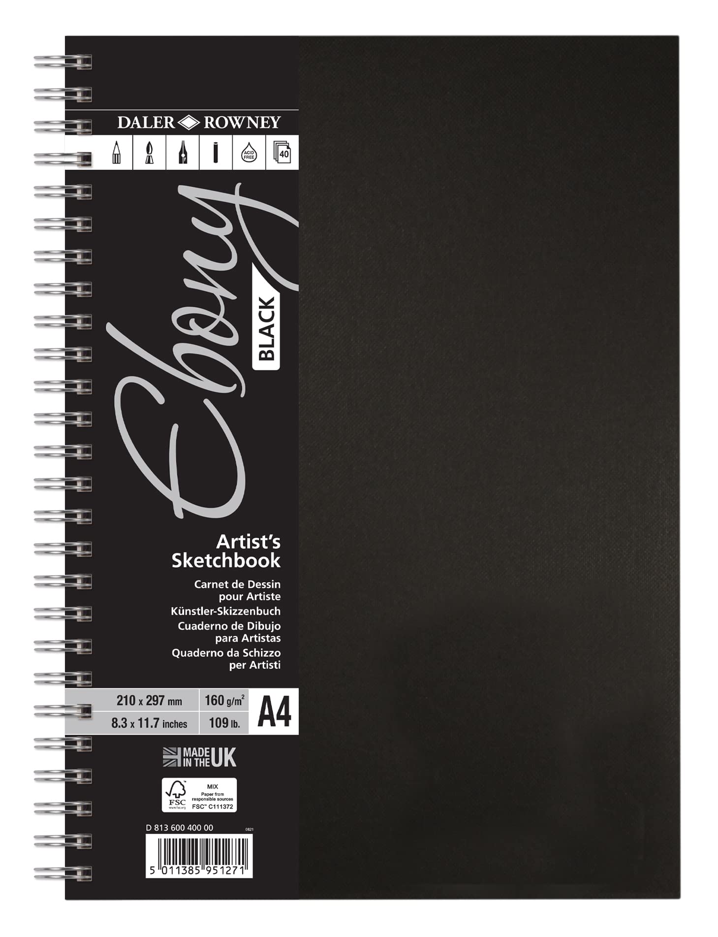 Daler-Rowney Ebony 160gsm A4 Smooth Portrait Sketchbook, Spiral Bound, 40 Black Sheets, For Professional Artists & Students