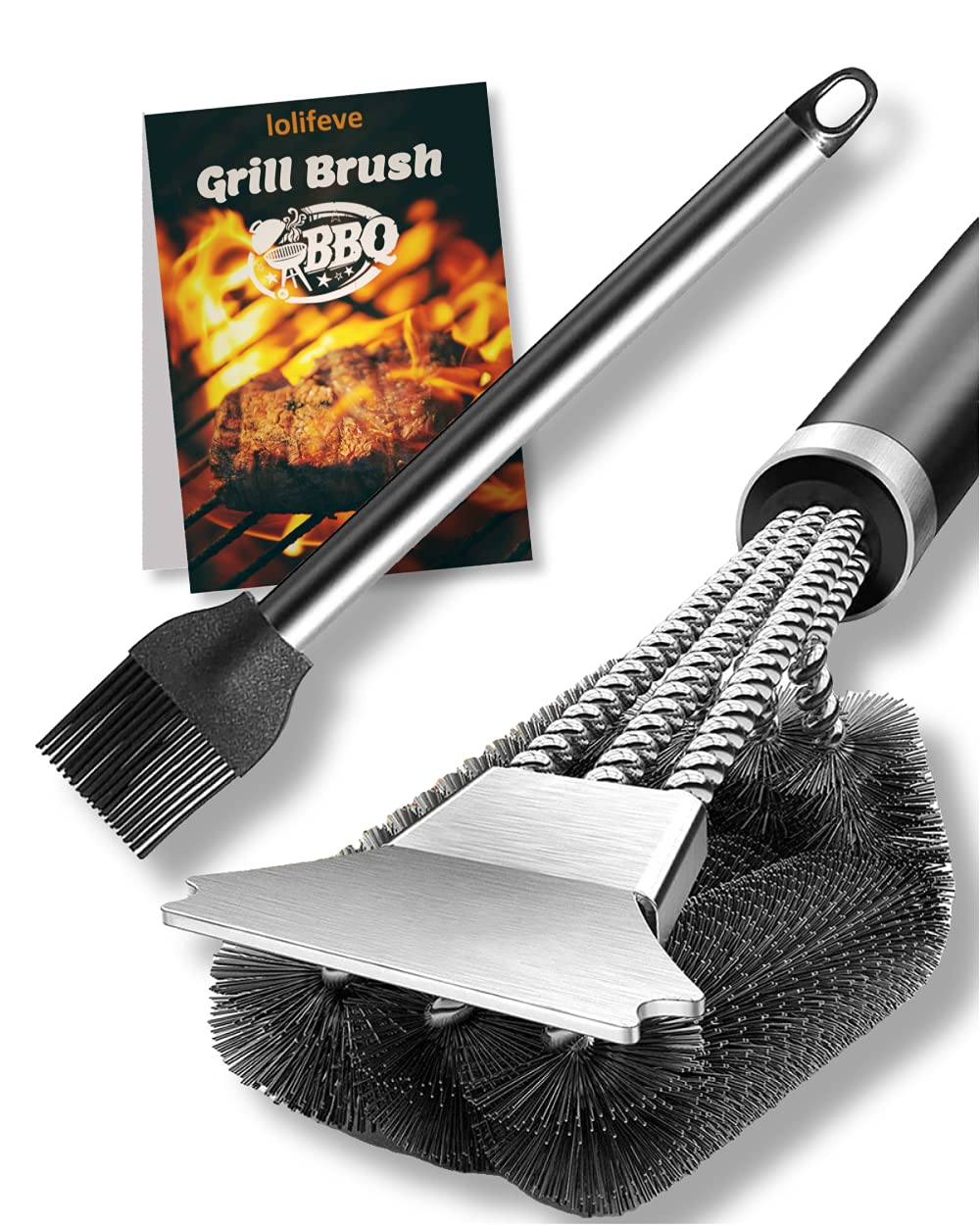 Grill Brush BBQ Cleaning Brush with Scraper, 3 in 1 Stainless Steel Wire Bristles, PP Heat Insulation Handle, Comes with an Oil Brush.