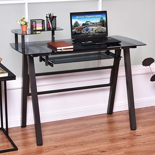 Amazon Com Tangkula Glass Top Computer Desk Pc Laptop Table