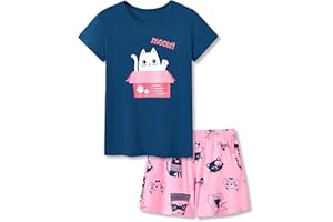 Tebbis Little & Big Girls Striped & Cat Pajama Set - Soft Modal Fiber 2-Piece Summer PJ’s in Sizes 6-18
