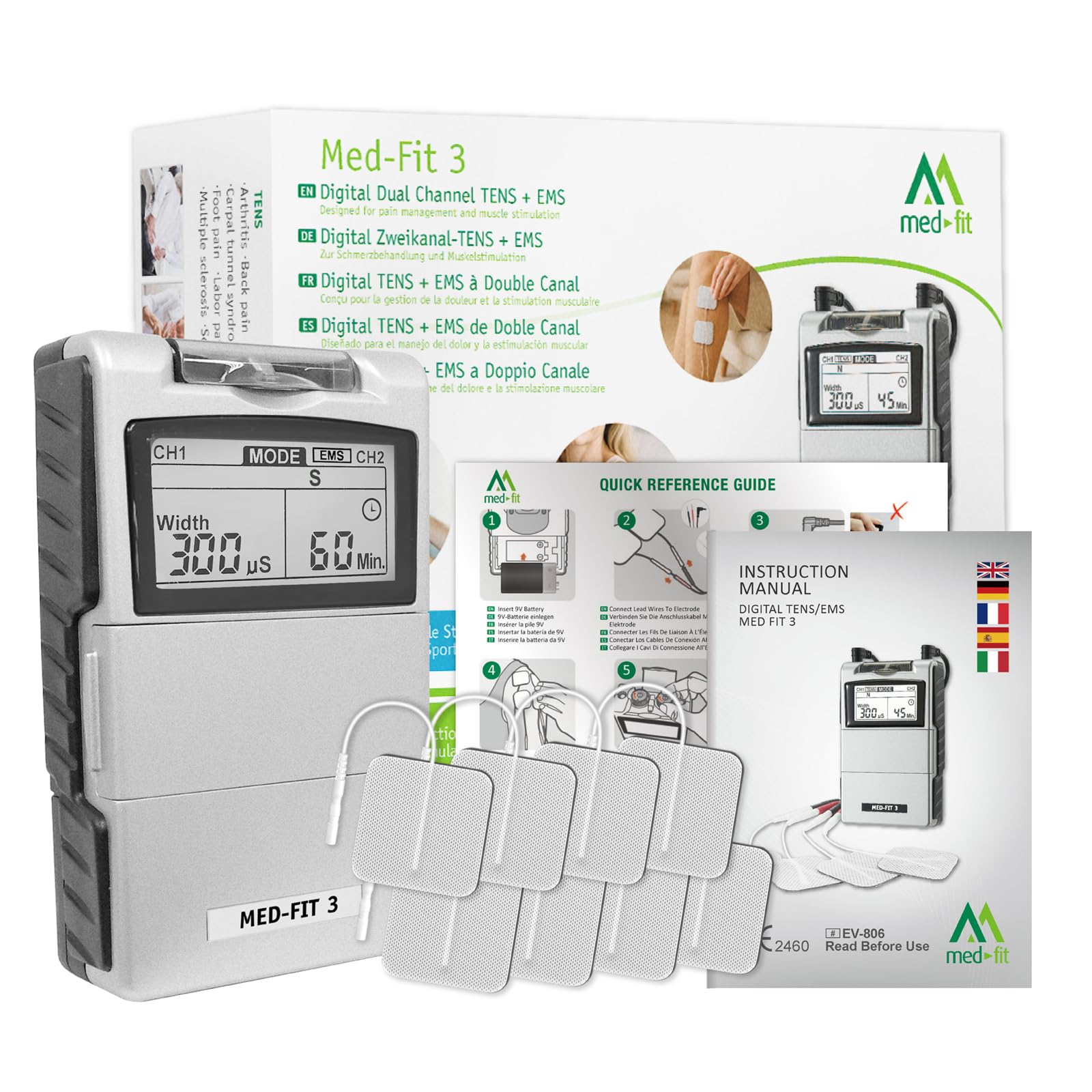 Med-Fit 3 Dual Channel TENS Machine for Pain Relief & EMS Muscle Stimulator - Class IIa Medical Device TENS Unit for Lower Back Pain, Sciatica, Arthritis Pain, Knee, Shoulder, Joint & Muscle Rehab