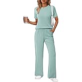 Ekouaer Lounge Sets for Women 2 Piece Matching Travel Outfits 2026 Loose Short Sleeve Top Wide Leg Pants Pockets