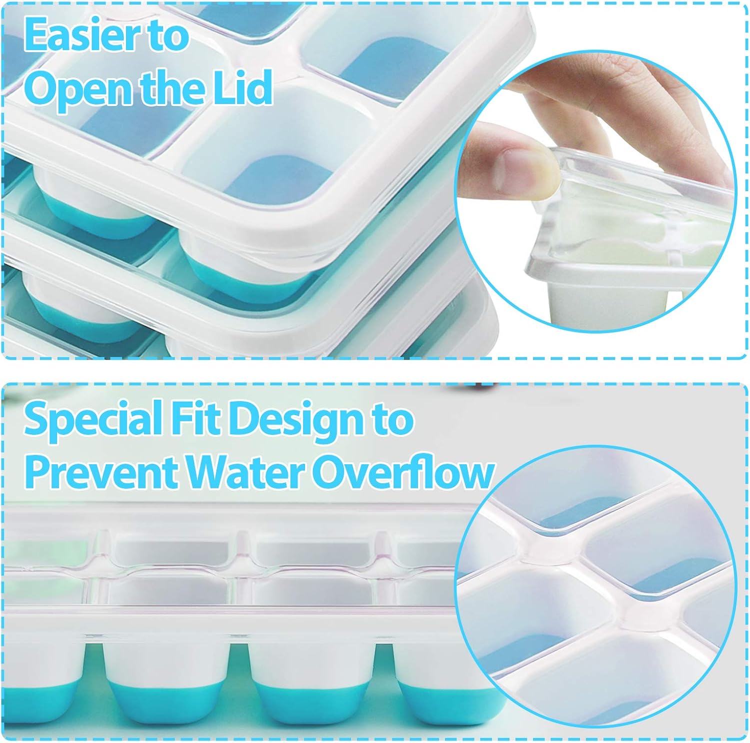 DOQAUS Ice Cube Trays 4 Pack, Easy-Release Silicone and Flexible 14-Ice Cube Trays with Spill-Resistant Removable Lid, LFGB Certified and BPA Free, for Cocktail, Beer, Stackable Flexible Ice Trays: Kitchen & Dining