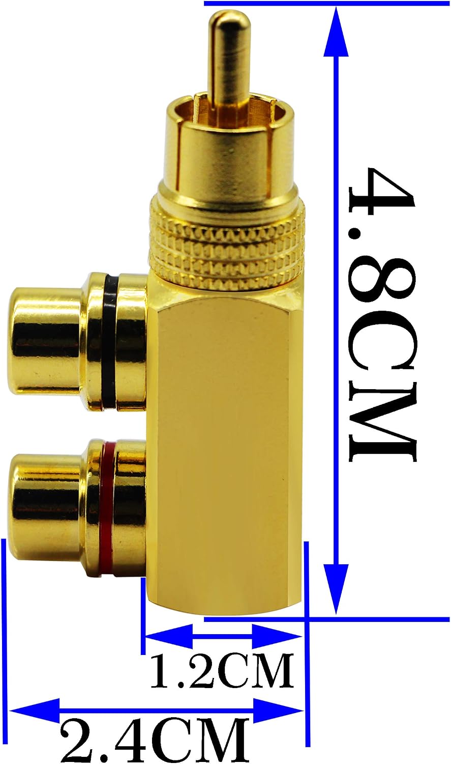 zdyCGTime RCA Splitter Adapter,90 Degree Right Angle RCA Male to 2 RCA Female Plug Audio Video Splitter Adapters Gold-Plated Metal Connector M/F(2packs) - Image 3