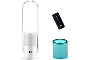 U ULTTY Bladeless Tower Fan and Air Purifier in one, True HEPA Filter 99.97% Smoke Dust Pollen Dander, Oscillating Tower Fan with Remote Control CR022D, White
