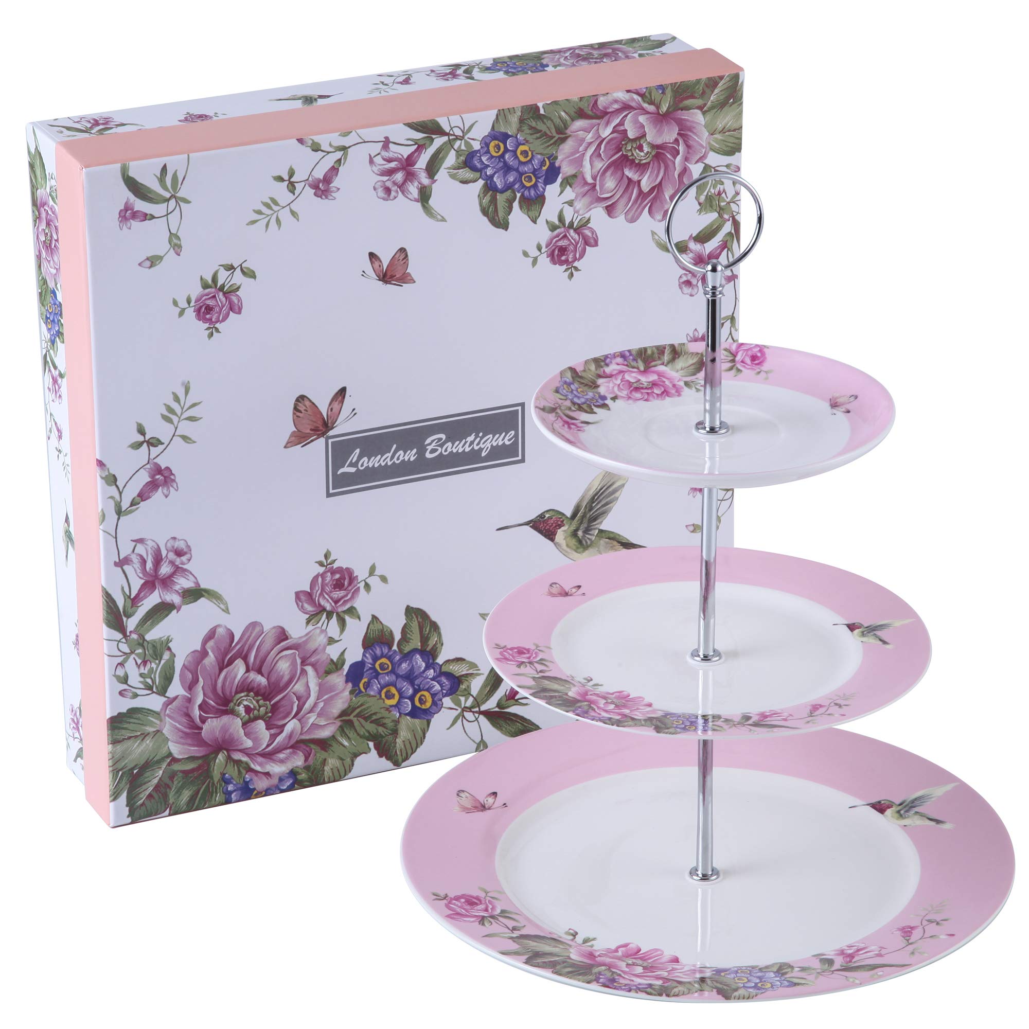 London Boutique Cake Stand afternoon tea stands 3 tier cake stand Vintage Bird Rose Butterfly New Bone China Serving Plate for Tea Party High tea Gift for Her (Pink)