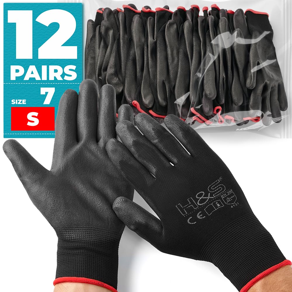 12 Pairs of Work Gloves S (7) Nylon PU coated CAT II available XS extra-small (6),S small (7), M medium (8), L large (9), XL x-large (10), XXL xx.large (11) seamless multi-purpose black colour coded