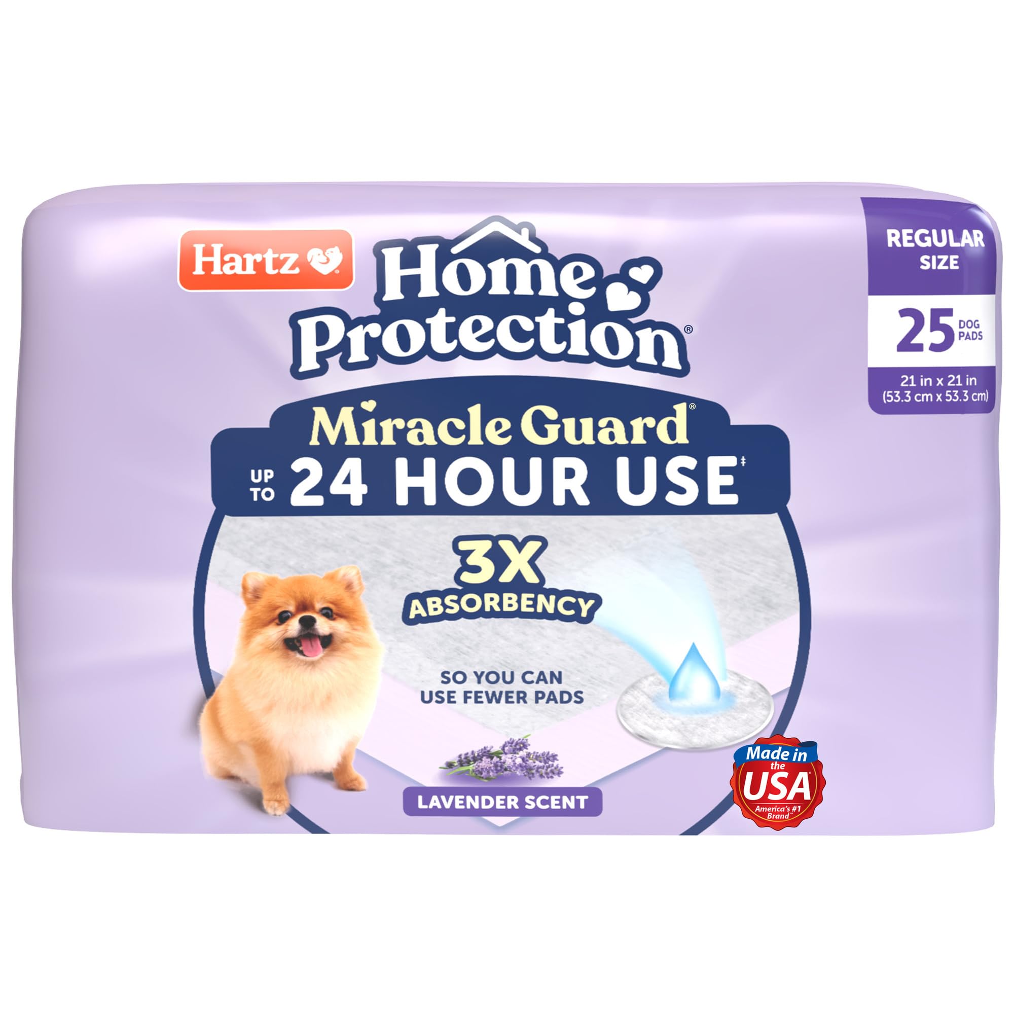 Photo 1 of New! Hartz Home Protection Miracle Guard Lavender Scented USA Made Dog Pads, Regular Size 25 Count, 24 Hour Use, Won't Leak and Odor Eliminating
