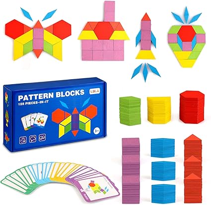 Amazon.com: LBLA 155 piezas de bloques de madera con forma geométrica rompecabezas educativo para niños en edad preescolar, aprendizaje Montessori, juguetes de tangrama para niños y niñas con 24 tarjetas de diseño: