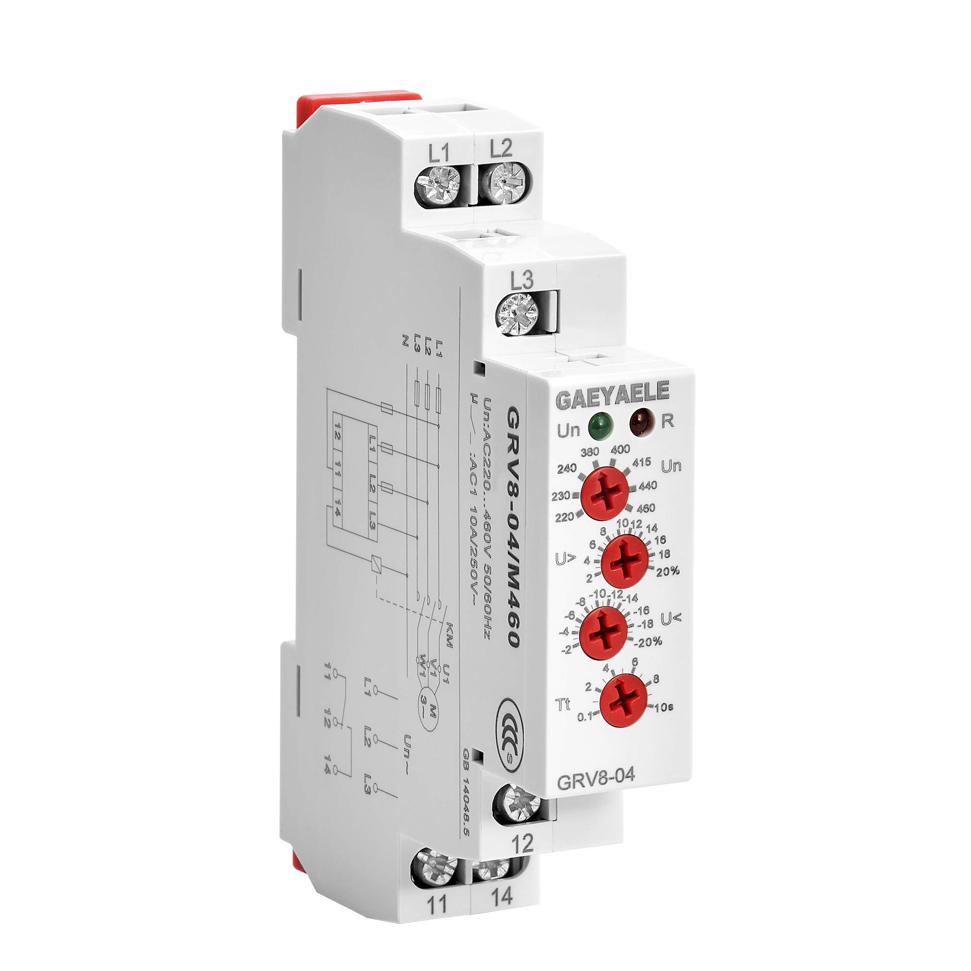 GAEYAELE Three Phase Voltage Control Relay Phase Sequence Phase Failure Over Voltage Undervoltage Protection AC220V-460V 10A 1SPDT(GRV8-04,M460)