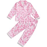 Nokpsedcb Baby Girls Satin Pajama Set Cute Long Sleeve Lapel Button Up Heart Print Shirt Long Pants Toddler Sleepwear