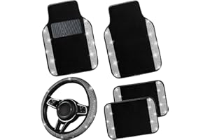 NBTEPEM Bling Car Floor Mats Full Set and Steering Wheel Cover, Universal Fit Most Cars, 4 pcs Sparkle Glitter Diamond Carpet, 5 pcs Bling Car Accessories Set for Women (Silver Diamond)