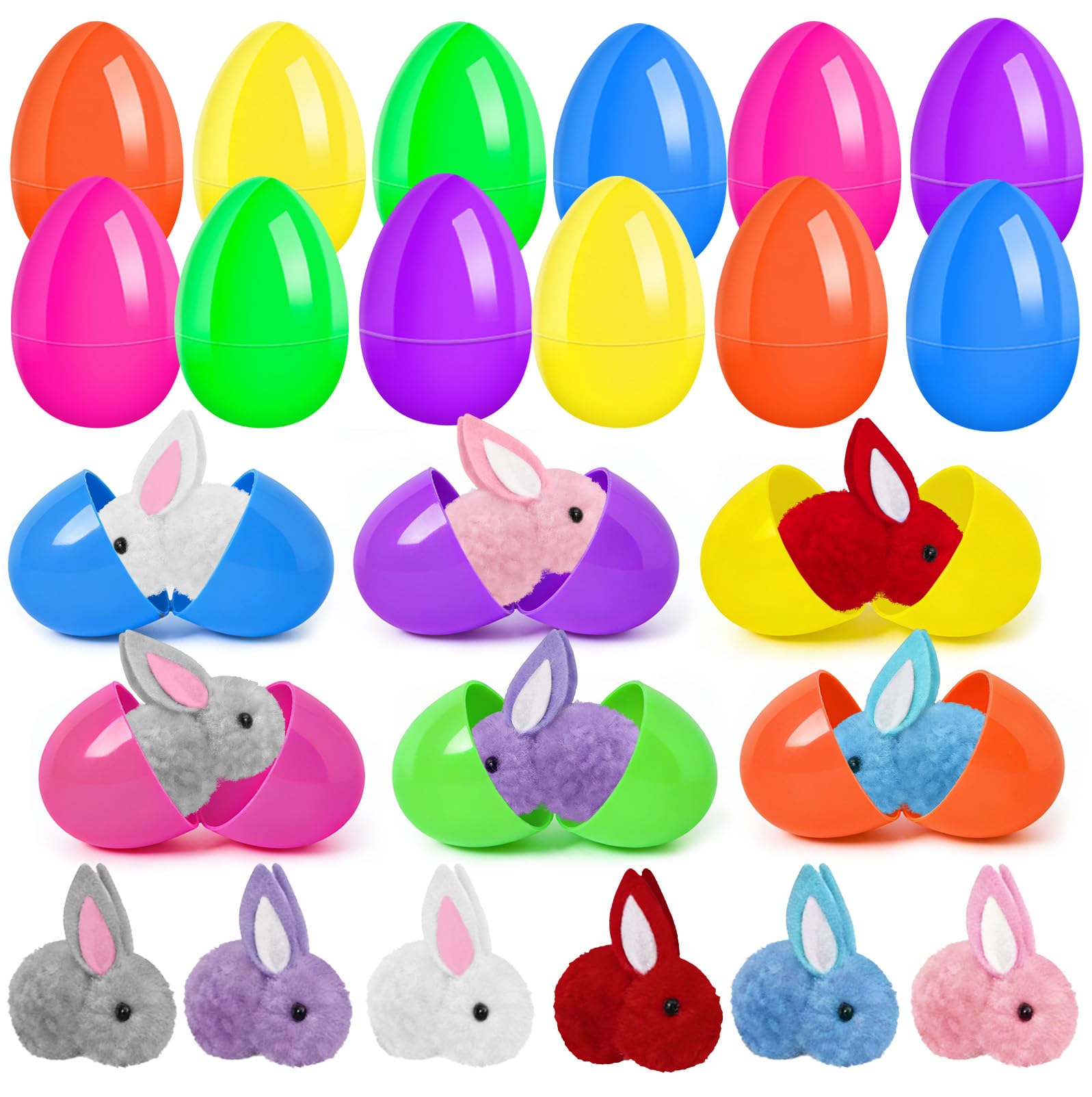 eboozone Easter Eggs Fillers with Bunny Plush 12Pack, Prefilled Easter Eggs Toys, Easter Basket Stuffers for Kids Teens Boys Girls, Classroom Treasure Box, Party Favors for Egg Hunt