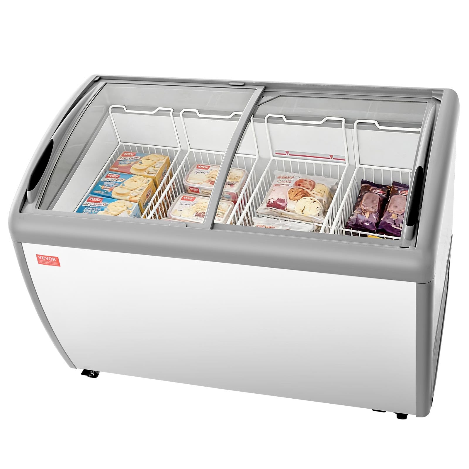 Photo 1 of VEVOR Commercial Ice Cream Display Case, 12.8 Cu.ft Chest Freezer, -19 to 3? Temp Adjustable Mobile Top Deep Freezer with 4 Wire Baskets, 2 Sliding Glass Doors, Locking Casters & LED Strip Lighting
