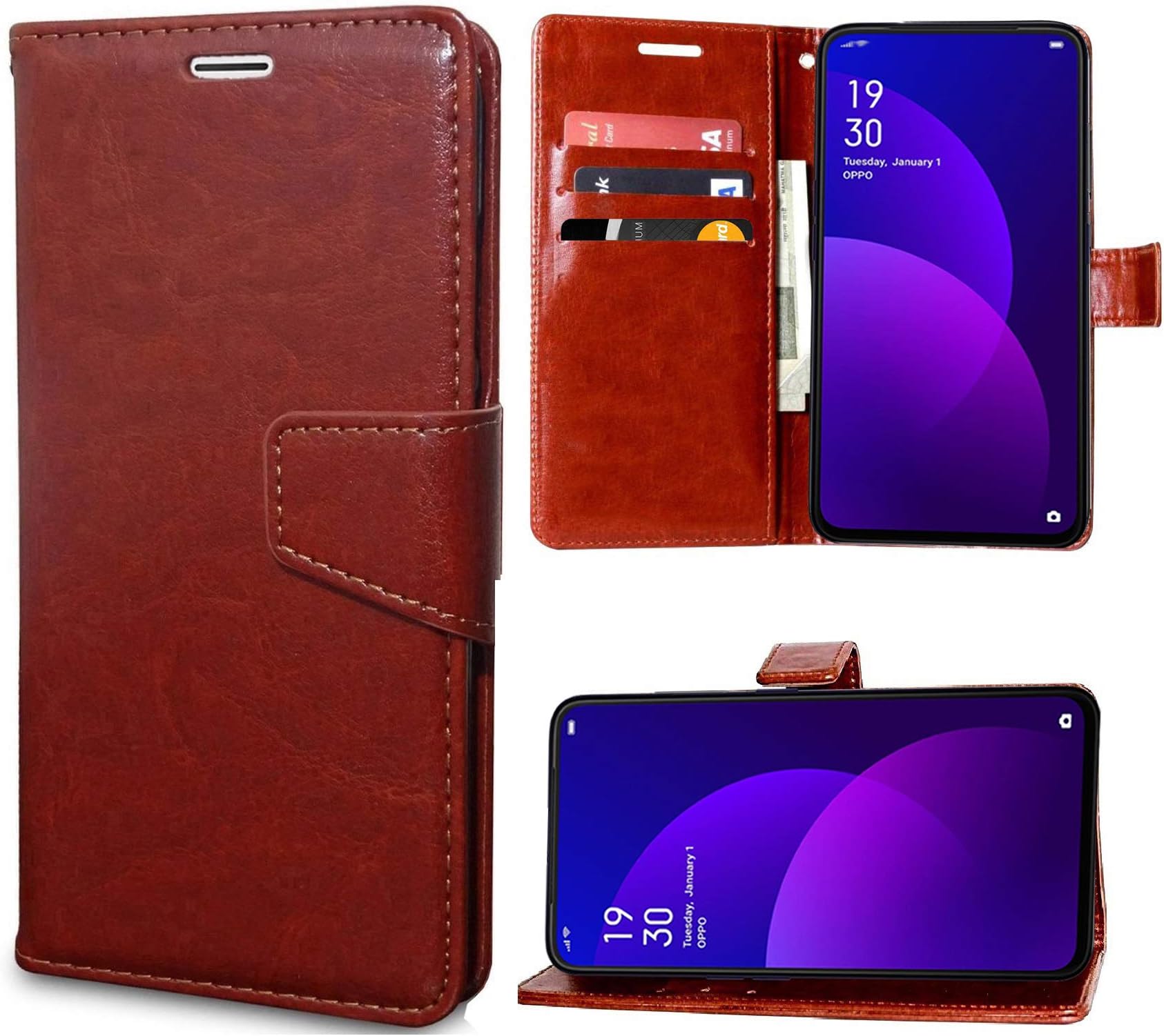 Unistuff Faux Leather Back Case Flip Cover for Oppo F11 Pro with Magnetic Closure | Foldable Stand | 3 Card Slot | 1 Cash Slot - Executive Brown, 63226