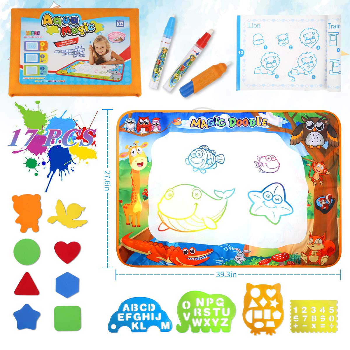Magic Water Doodle Mat Drawing Mat Multicolor Animal World Theme Toddler Gifts Toys For 2 3 4 Year Old Girls Boys Educational Birthday Gifts Ideal Large Size 39.3 x 27.6 Inch 17pcs Accessories
