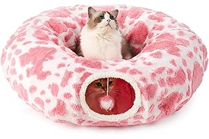COZY KISS Cat Tunnel Bed for Indoor Cats, Foldable Cute Cat Donut Tunnel with Washable Cushion, Kitten Toys for Indoor Cats Puppy/Rabbit, Pink&White