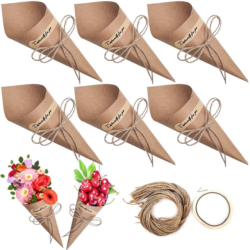 Kraft Paper Cones, 50 Pcs Wedding Kraft Paper Cones, Retro Kraft Paper Cones, Confetti Cones, with 50 Stickers 50 Ropes 1 Roll Tape, Bouquet Candy Chocolate Bags Boxes for Banquet Party Gifts Packing