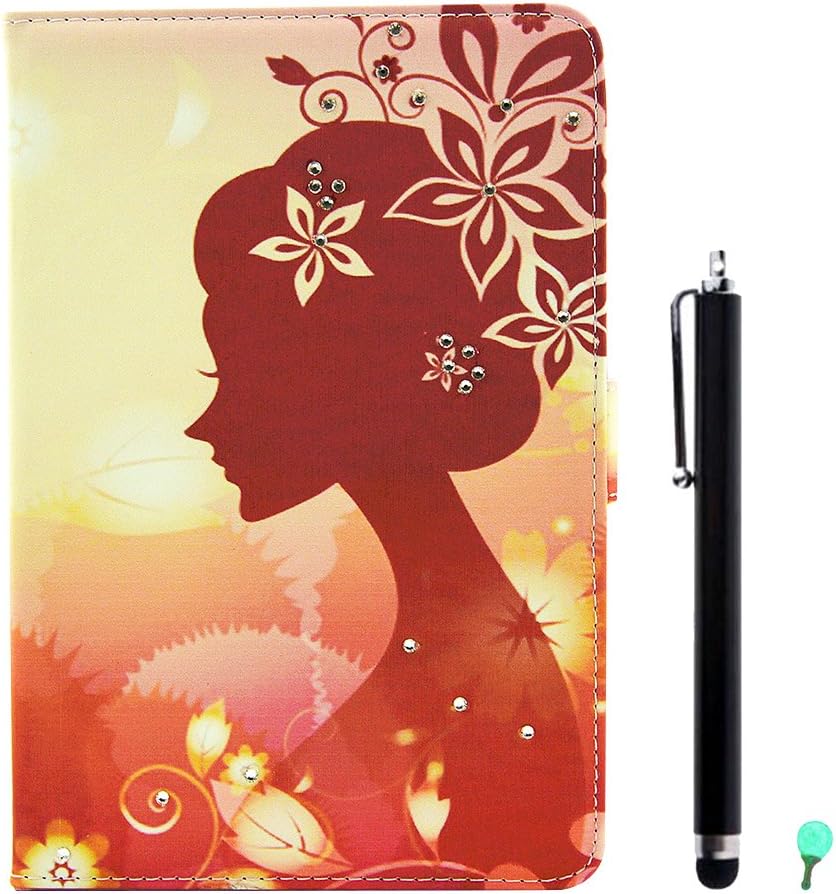 PU Leather Case for Samsung Galaxy Tab A 8.0 SM-T350, Aohro Bling Glitter Beautiful Flowers Series Diamond Folio Flip Stand Cover + Stylus Pen + Dust Plug - Flower Beauty