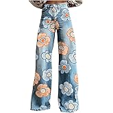 Womans Vintage Jeans Floral Print Flare Leg High Waisted Jeans Pull On Baggy Denim Pants with Pockets
