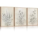 BICERE Large Neutral Flower Botanical Framed Canvas Wall Art,Boho Wildflowers Ink Wall Decor,Vintage Bouquet Wall Painting,Nature Artwork for Living Room,Bedroom,Dining Room,Office -16"x24"x3