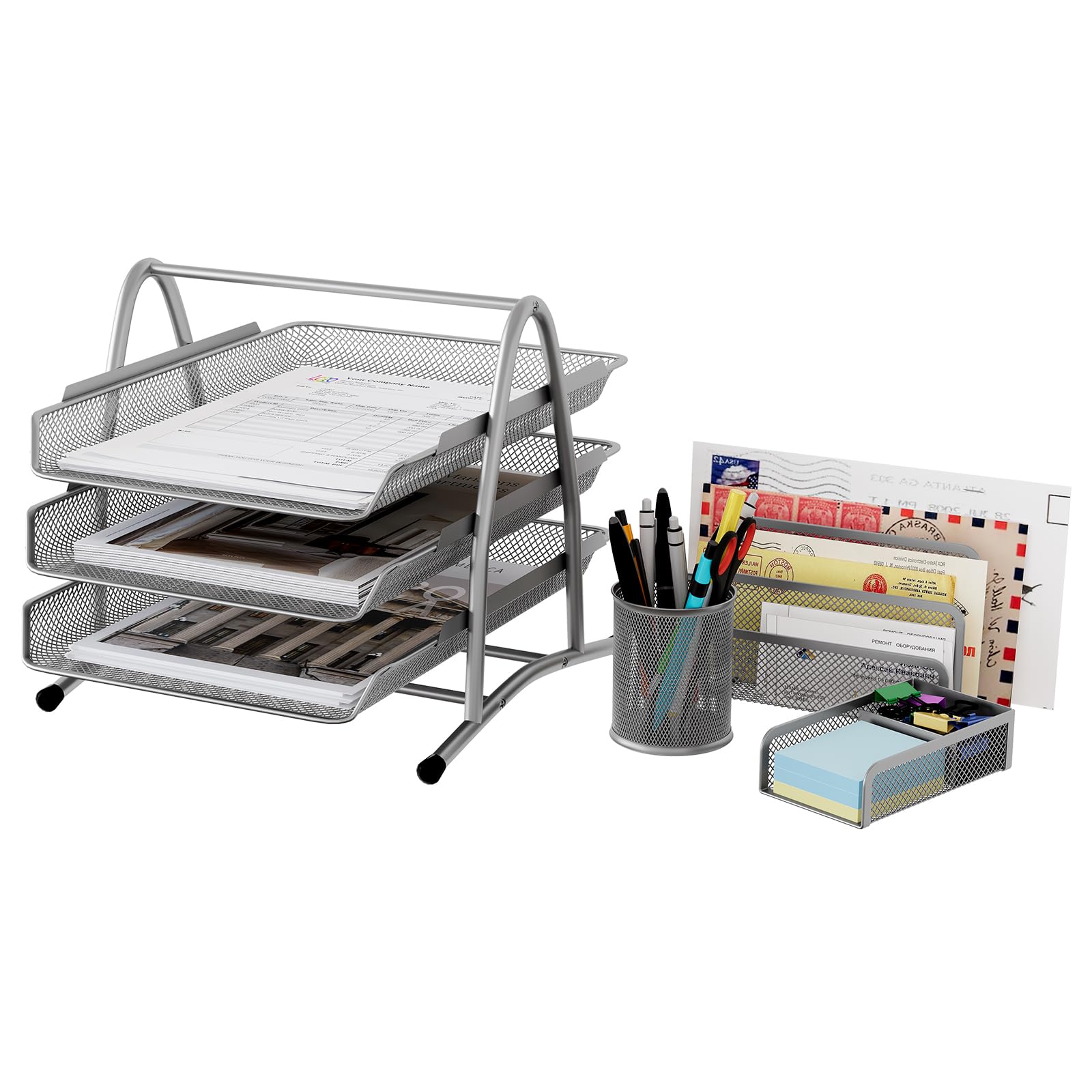 EasyPAG Office Desk Tidy 4 Piece Organiser Set - 3 Tier A4 Filing Tray,Pen Pot,Sticky Note Holder,Letter Sorter Rack,Silver