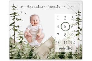 Yuzioey Adventure Awaits Milestone Blanket, Forest Mountain Baby Growth Chart Monthly Blanket, Watch Me Grow Mountain Tree Baby Nursery for New Moms Shower(50"x40")