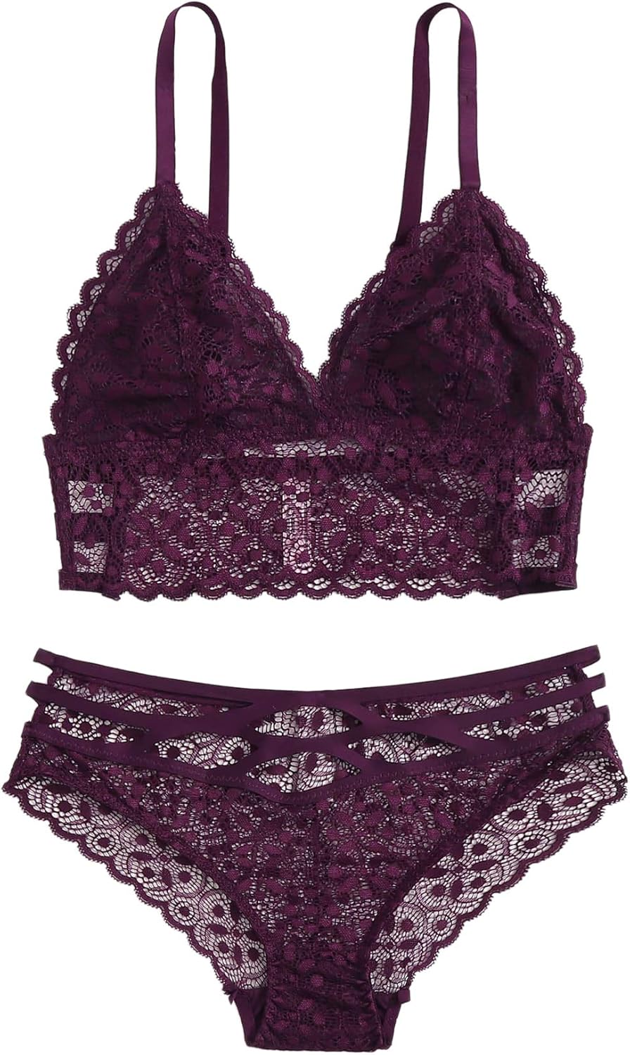 SweatyRocks Women's Bra and Panty Set Floral Lace Two Piece Bralette Lingerie Set: Clothing