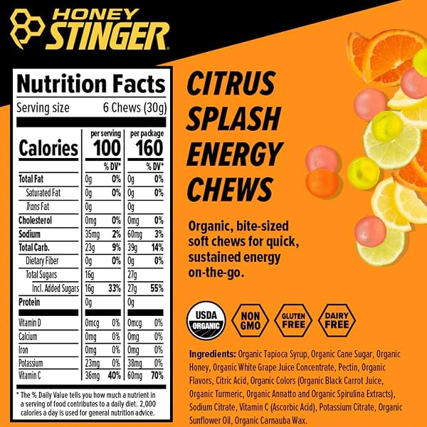 HONEY STINGER ORGANIC CITRUS SPLASH ENERGY CHEWS SGL, 1.8 OZ