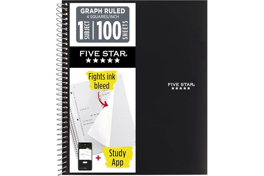 Five Star Spiral Notebook + Study App, 1 Subject, Graph Ruled Paper, 8-1/2" x 11", 100 Sheets, Fights Ink Bleed, Water Resistant Cover, Black (73679)
