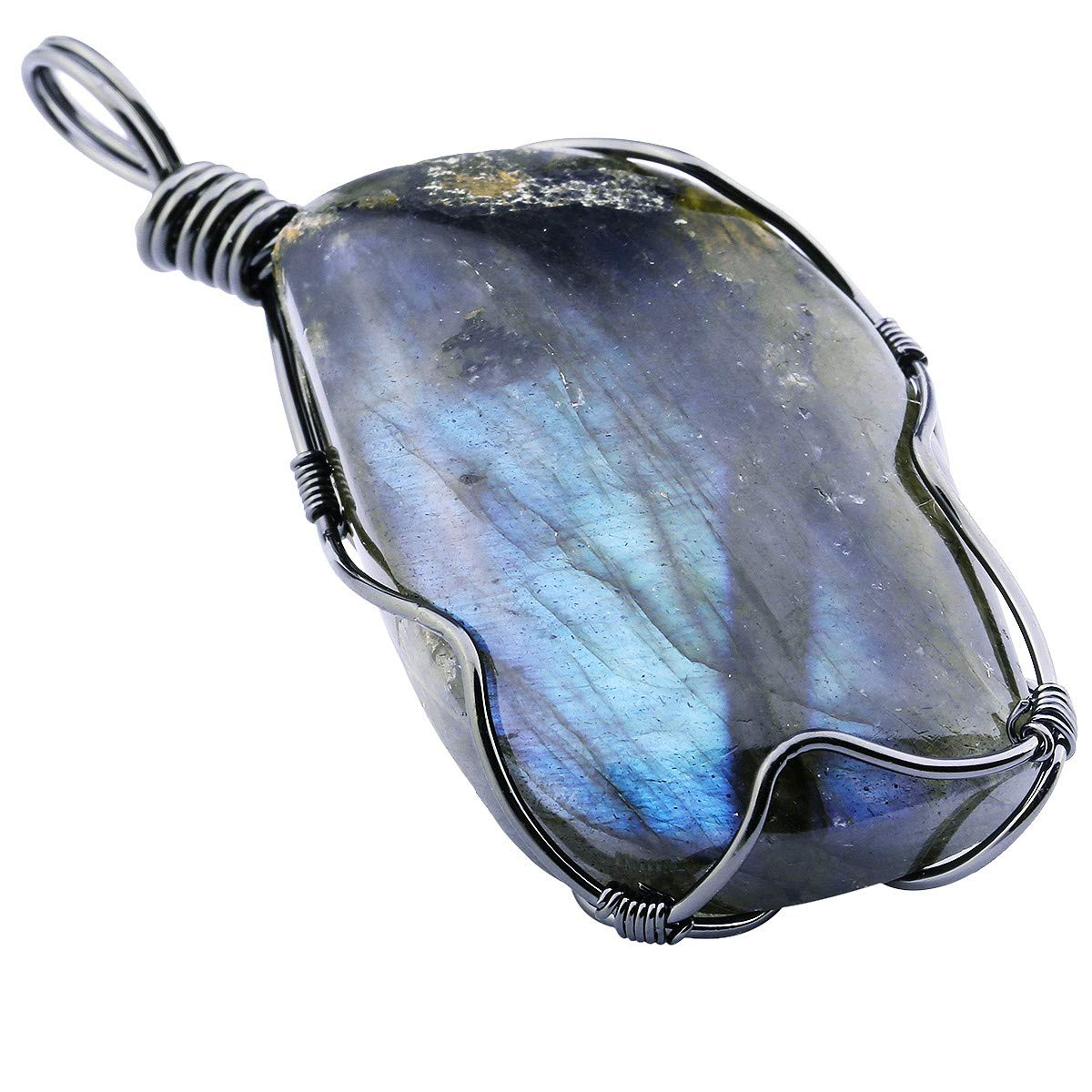 mookaitedecor Natural Labradorite Crystal Pendant Necklace Jewellery Gift for Women Men, Healing Crystal Semi Precious Stone Gemstone Necklace Handmade Wire Wrapped Fancy Jewellery
