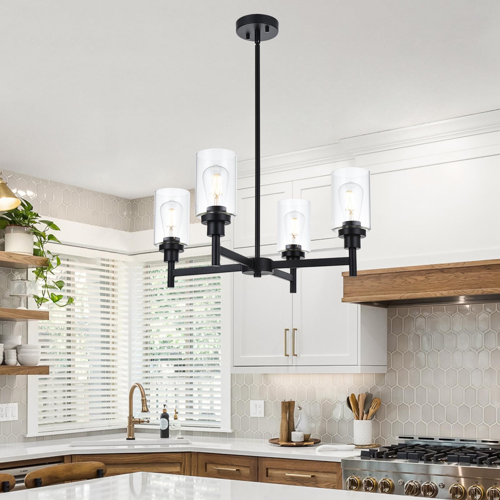 Photo 1 of 4 - Light Black Chandelier with Clear Glass Shades, Industrial Farmhouse Light for Dining Room, Kitchen, Living Room | Perfect for Dining Table & Farmhouse Decor