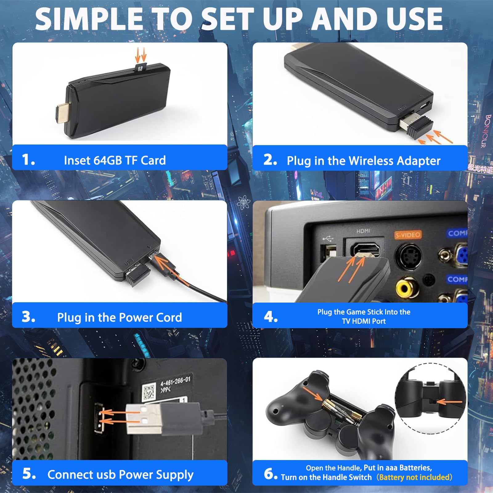 ANGFA Wireless Retro Game Console Stick, Upgrade Retro Video Gaming Stick Built in 20000+ Games with 18 Emulators, 4K HDMI Output with 2 Pack 2.4G Wireless Controllers for Nostalgia Gifts- 64GB