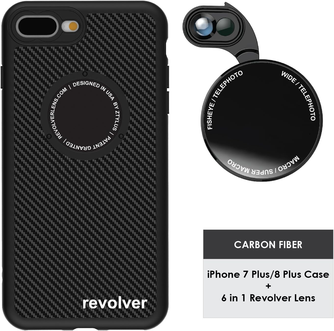 Ztylus Designer Revolver M Series Camera Kit: 6 in 1 Lens with Case for iPhone 7 Plus / 8 Plus, iPhone Lens Kit - 2X Telephoto Lens, Macro, Super Macro Lens, Wide Angle Lens (Carbon Fiber)