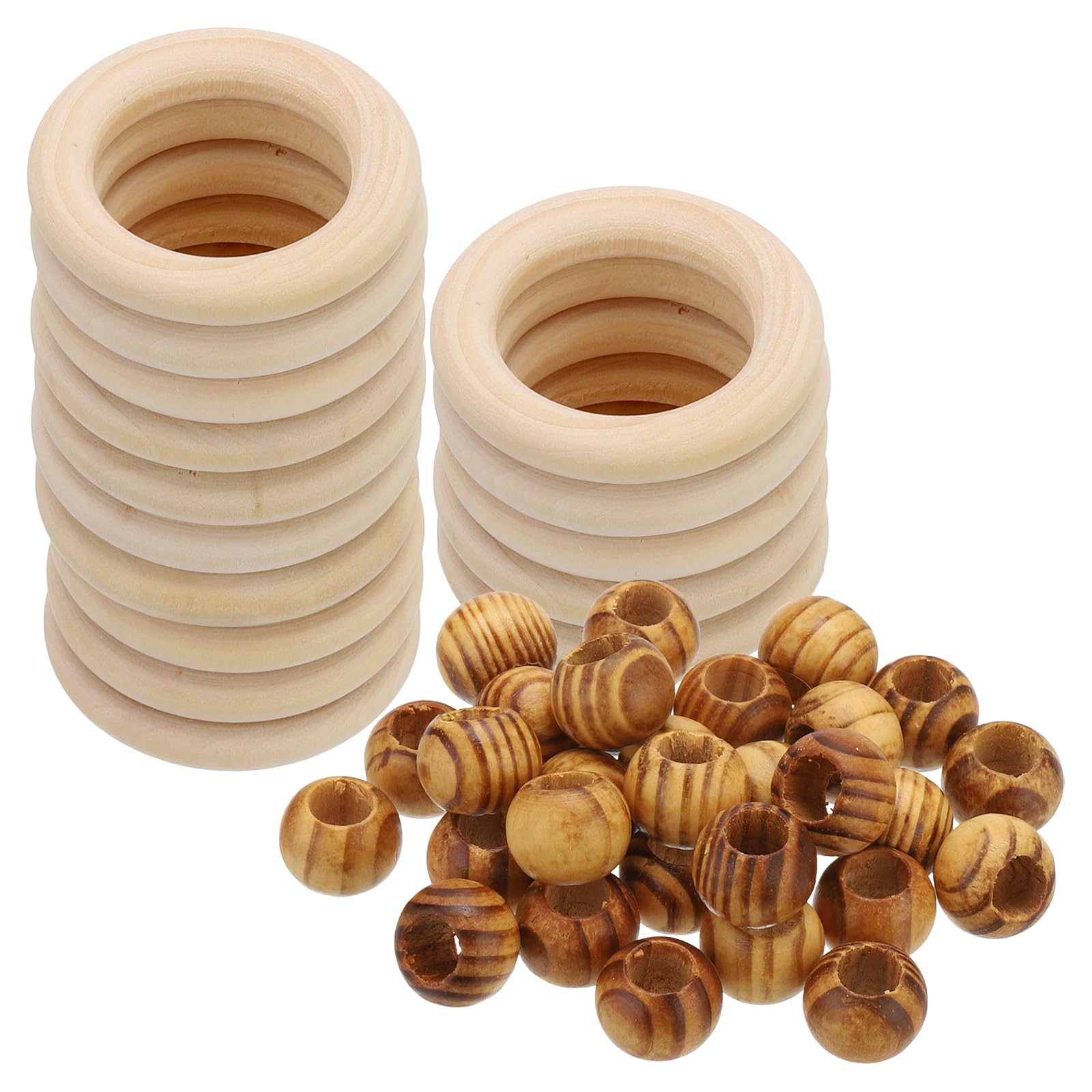 PATIKIL Natural Wood Rings and Unfinished Wooden Beads Set, 15Pcs 40mm Wood Hoop & 30Pcs 20mm Brown Round Loose Beads for DIY Pendant Connectors Jewelry Making Macrame Wall