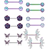 Vsnnsns 14G Nipple Rings Butterfly & Flower Piercing Jewelry - Surgical Steel, Cubic Zirconia, Silver, Black, Rainbow, Rose Gold
