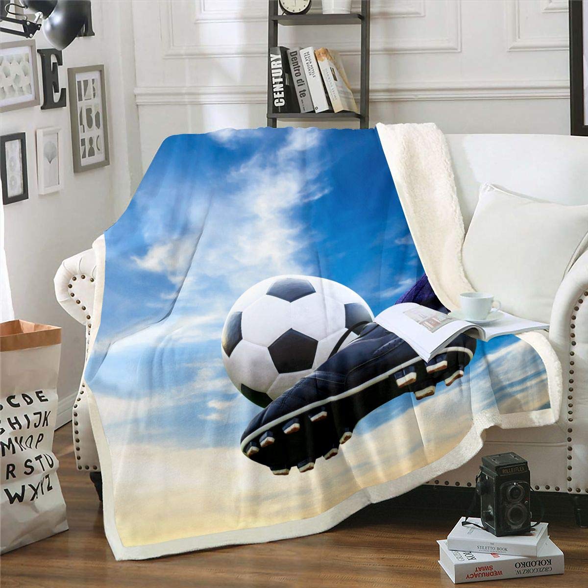 Homemissing Football Sherpa Blanket - Soccer Ball Pattern Fleece Throw For Kids, Boys, Girls - Sports Theme Plush With Football Player Games Glitter - Fuzzy For Sofa Bed, Single 50x60 Inch