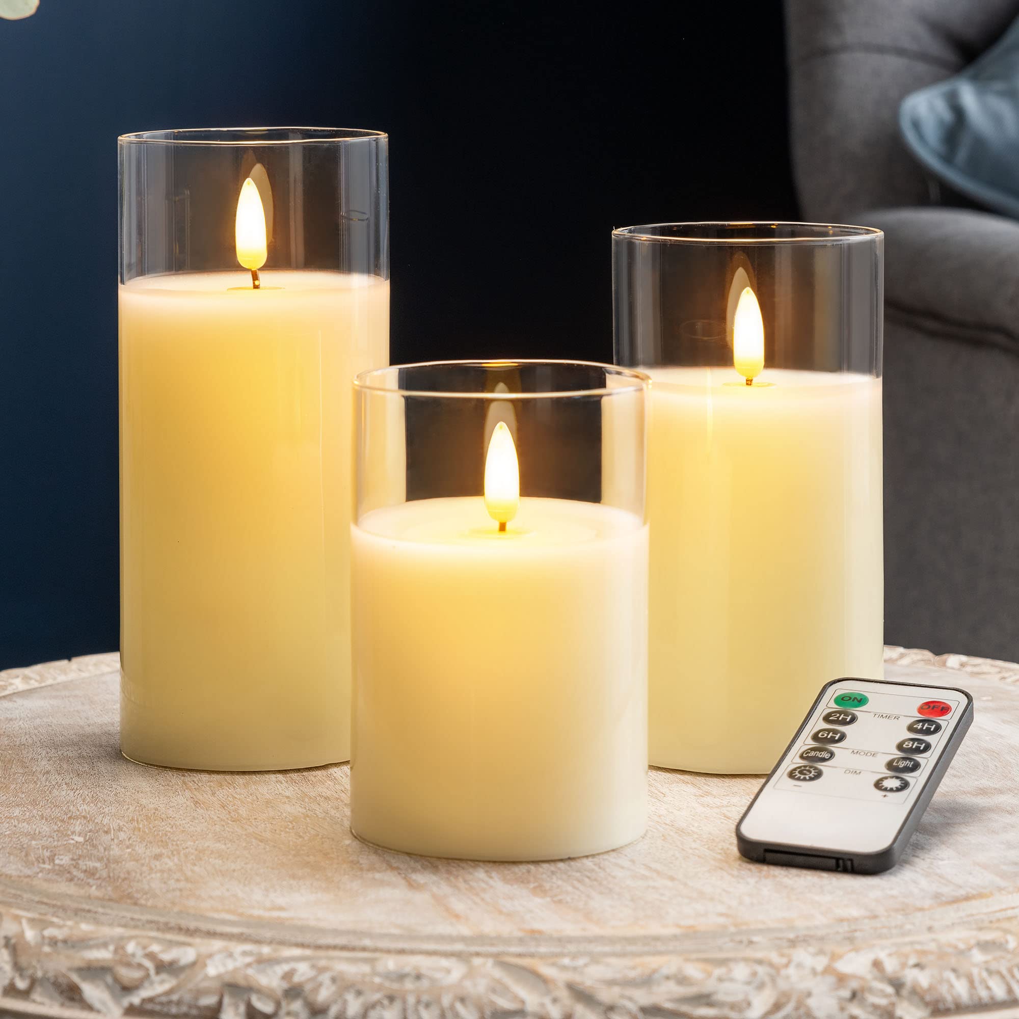 CHRISTOW Flickering LED Candles With Remote Control Battery Operated Set Of 3 (Clear Glass)