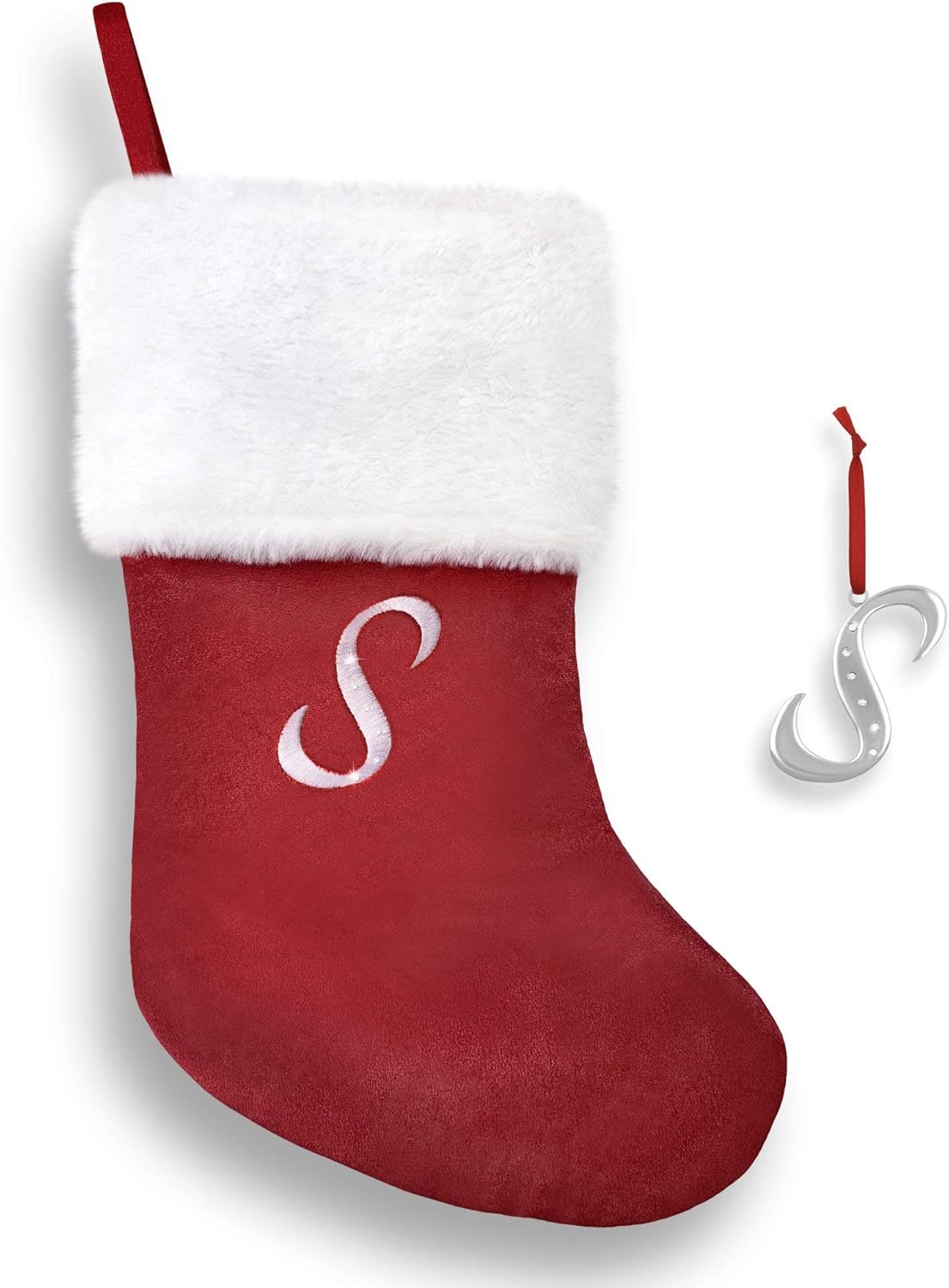 Stockings & Holders - Regent Square 2022 Christmas Stocking & Ornament Set with Fine European Crystals, 18” Monogram Stocking and Silver Plated Monogram Ornament, Xmas Gift Set for Holiday- Letter S