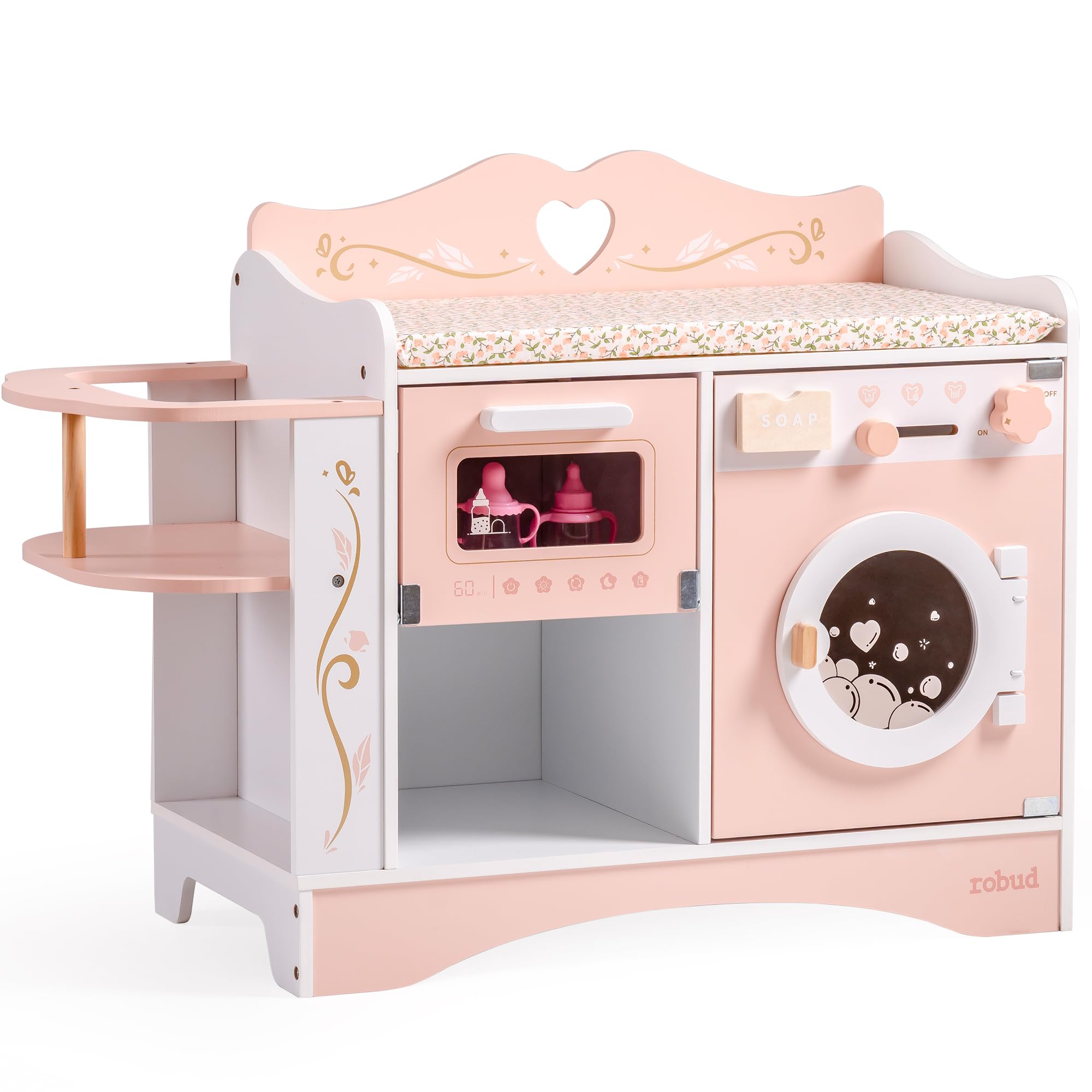 ROBUD Wooden Doll Changing Station, 4-in-1 Toddler Dolls Pretend Changing Table with Washing Machine & Bottler Sterilizer, Storage & Doll Seat, Accessories for dolls under 20”, Gift for Kids Pink