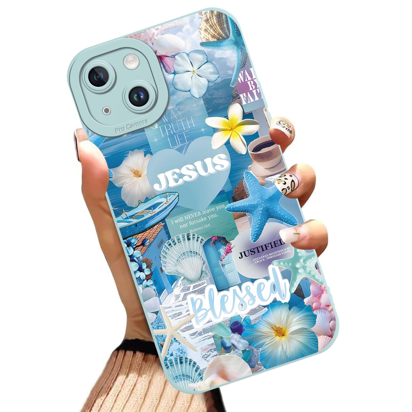 NBCDSUJ Aesthetics Jesus Christian Collage Phone Case for iPhone 14 Case Beach Shell Pattern Shockproof Soft Protective for Women Men Phone Cover Funda for iPhone 14 6.1 Inch