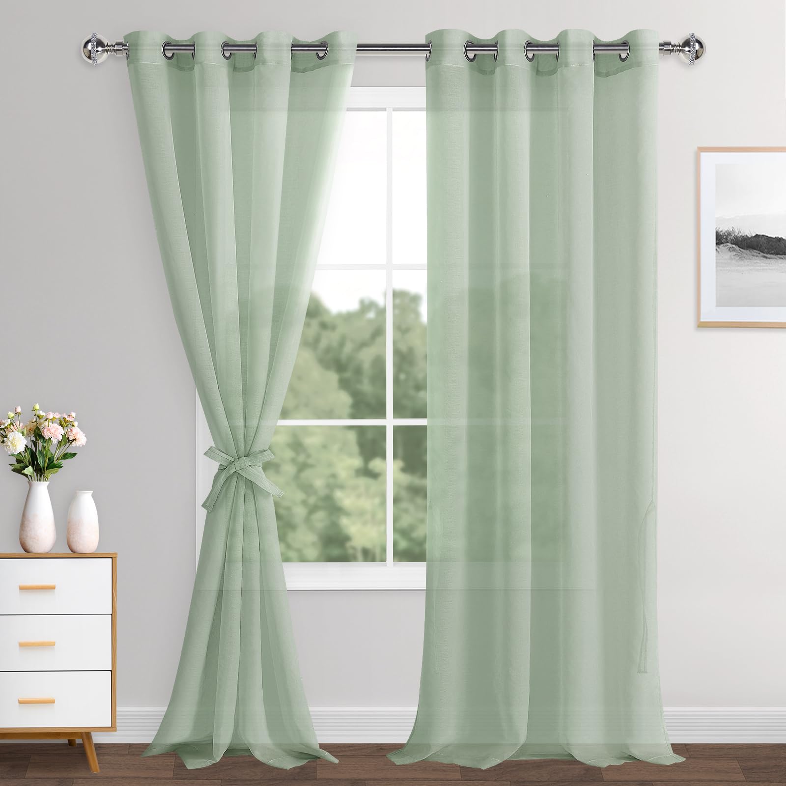 XWZO Linen Look Voile Curtains Bean Green,Grommet Top Semi Transparent Eyelet Sheer Drapes for Living Room,Kids Room,W55*L102,2 Panels