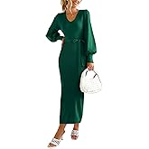 PRETTYGARDEN Women's Fall Knit Pullover Sweater Dress Elegant Long Lantern Sleeve V Neck Winter Maxi Bodycon Dresses