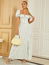 Women's Summer Puff Sleeve Floral Split Maxi Dress